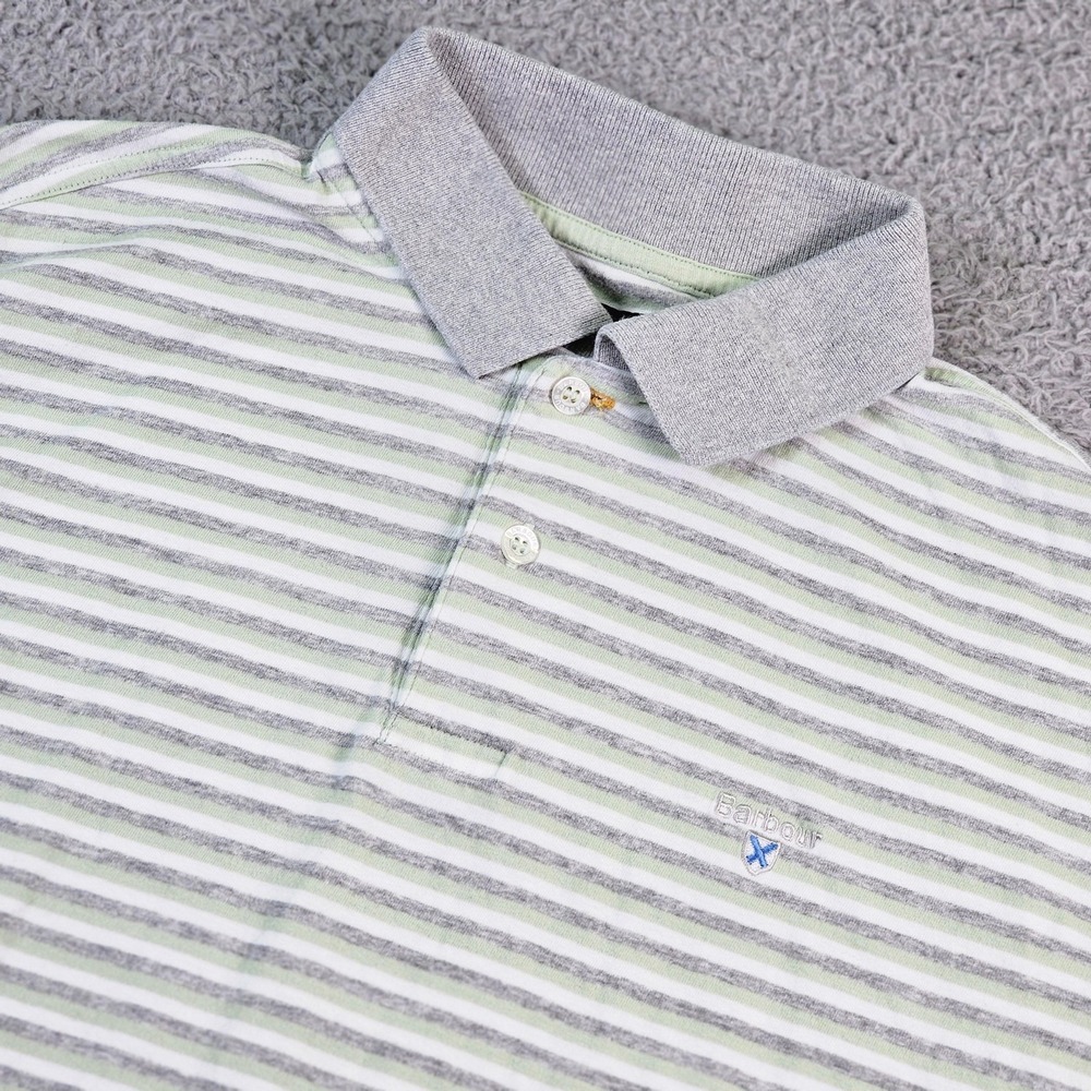 Barbour Polo Shirt Mens Large Gray Green Striped Cotton Jersey Portugal Logo